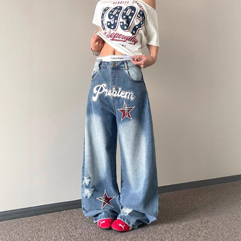 Women's Jeans Letter Star Embroidery Women's Loose Floor Pants