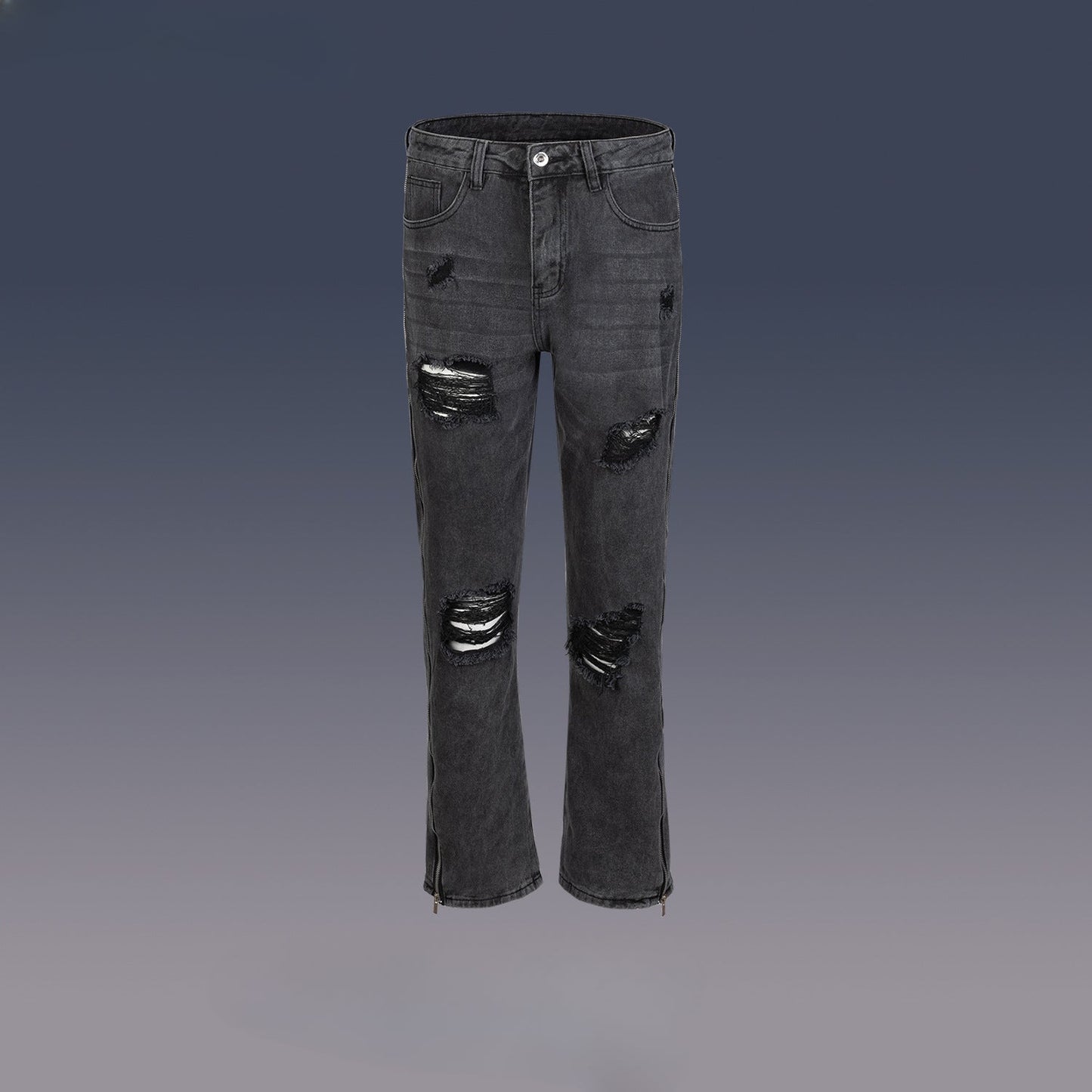MIJKO Men's Vintage Pants MIJKO Ripped Pants Men's and Women's Zipper Black and Grey Straight Jeans