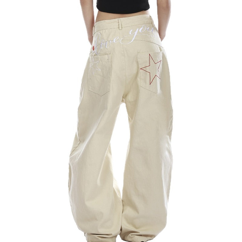 Women Jeans Star Embroidered Jeans Straight Loose Wide Leg Pants