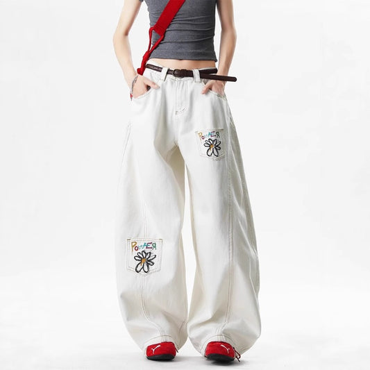 Women's jeans vintage flower embroidery print women's summer loose trousers