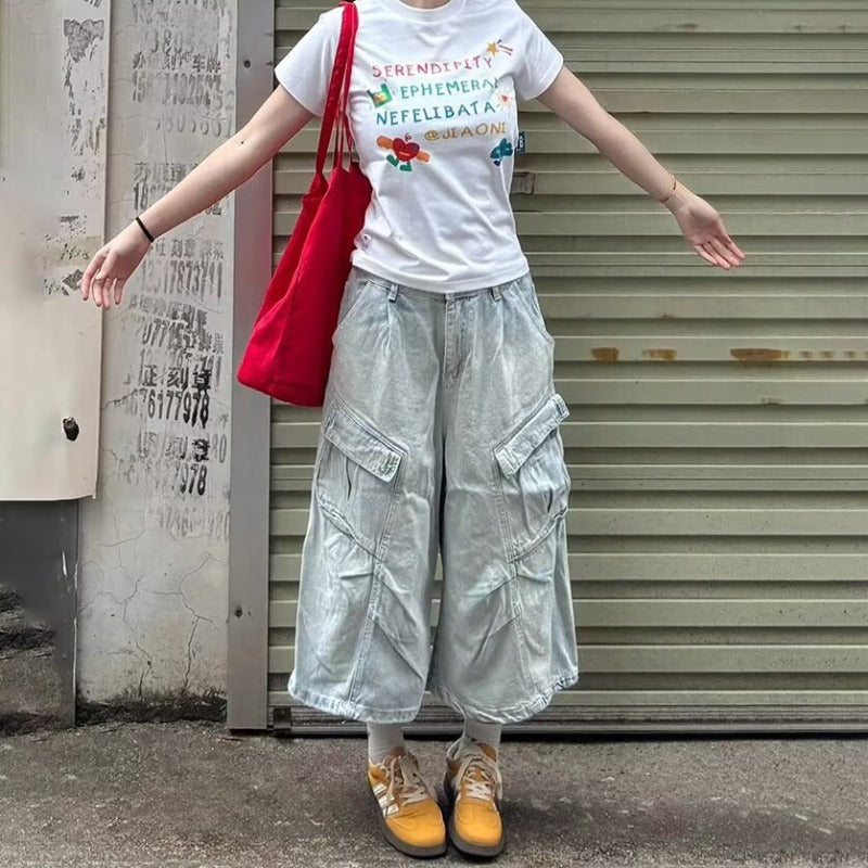 Women's jeans women's loose retro tooling cropped pants