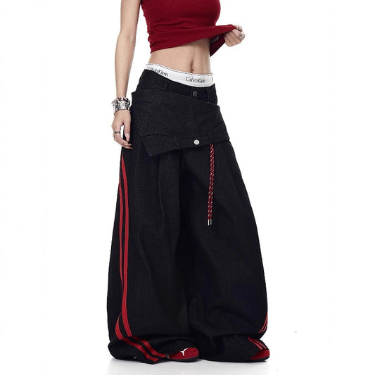 Women jeans removable fart curtain contrasting splicing loose pants