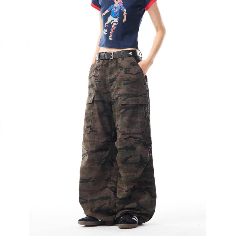 Women's jeans women's retro camouflage loose wide-leg pants