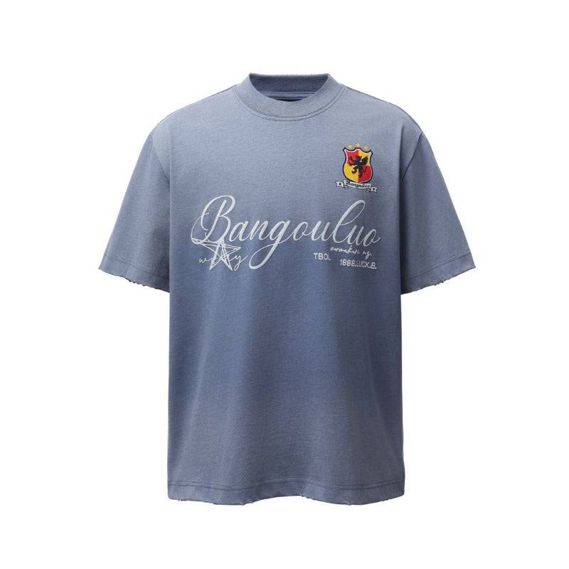 Men's american retro heavyweight double yarn washed printed design crew neck high street loose fit short sleeve t-shirt