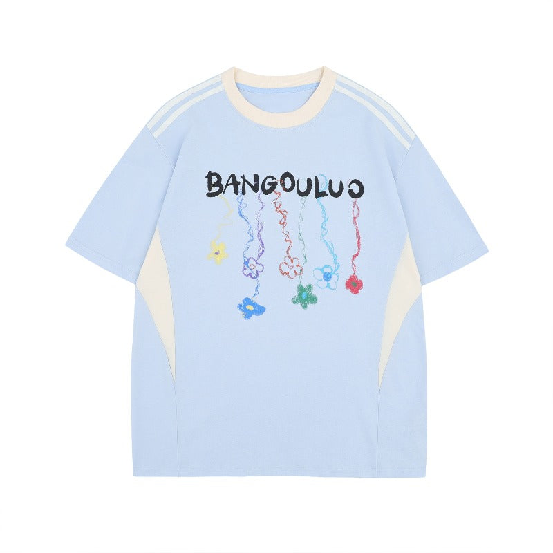 Men's t-shirt - american street style summer patchwork premium logo graphic design - men's loose fit short sleeve tee