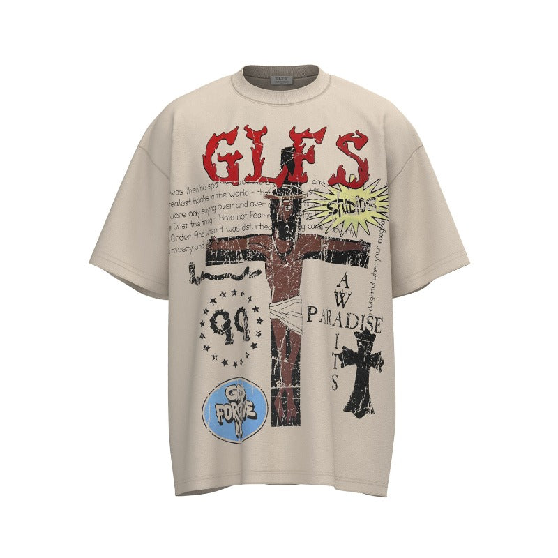 Men t shirt t american retrocouple street trendy spoof fun printing design high street men's loose small round neck t-shirt