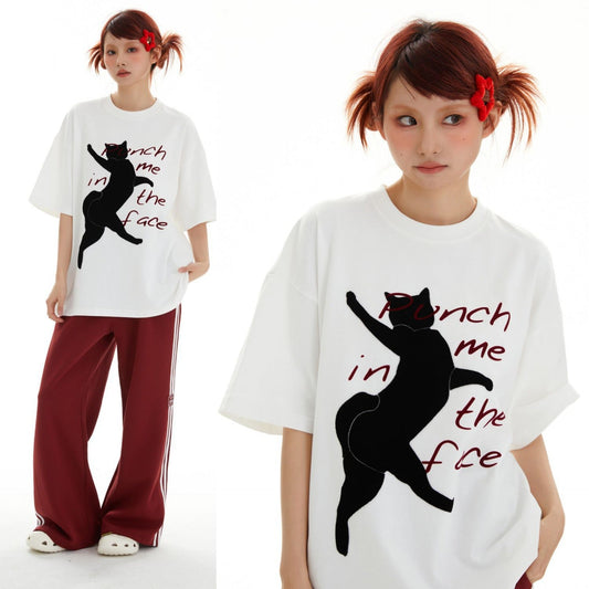 Unisex T-shirts Summer Towel Embroidered Cat Men's Loose Short Sleeve T-Shirt