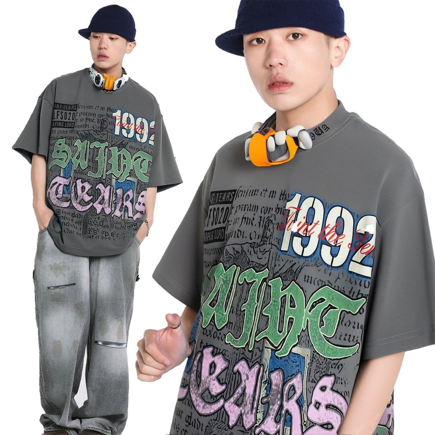 Unisex T-shirts Summer men's and women's creative alphabet map loose short-sleeved T-shirts