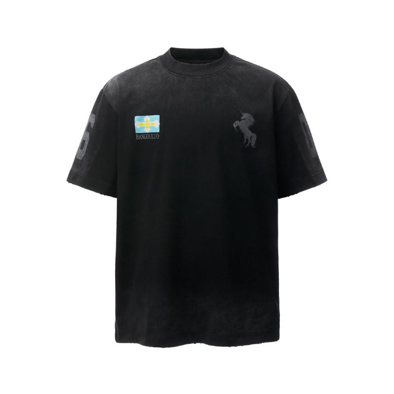 Men's t-shirt - american retro heavyweight double yarn distressed print design, men's crew neck high street loose fit short sleeve tee