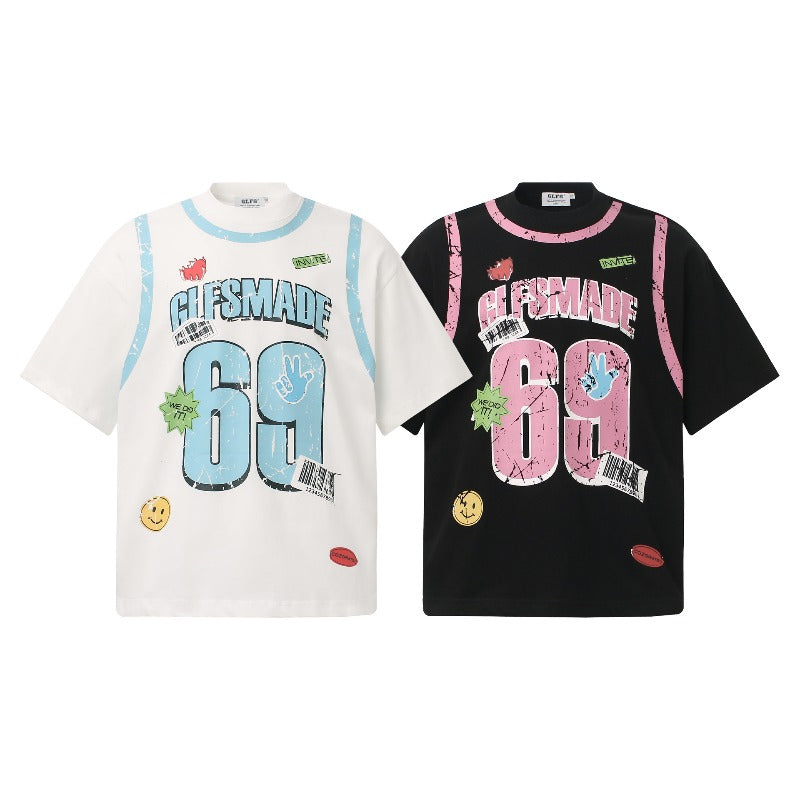 Men's jt american retro couple street style color block cartoon print design short sleeve loose fit crew neck t-shirt