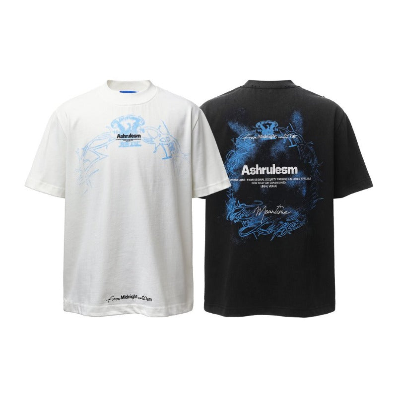 Men's t-shirt - american retro heavyweight double yarn distressed creative print design - men's high street loose fit short sleeve tee