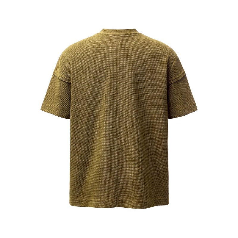 Men's t-shirt: american retro heavyweight waffle knit letter print deconstructed design, high street oversized short sleeve tee
