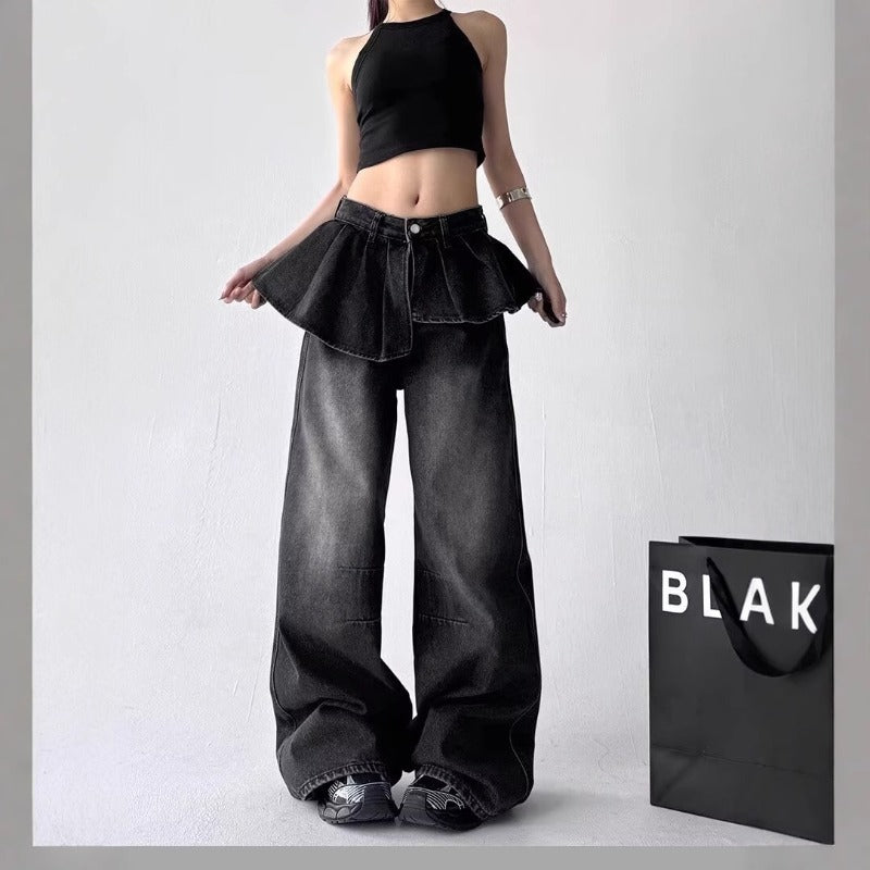 Women's jeans retro fake two-piece jeans for women