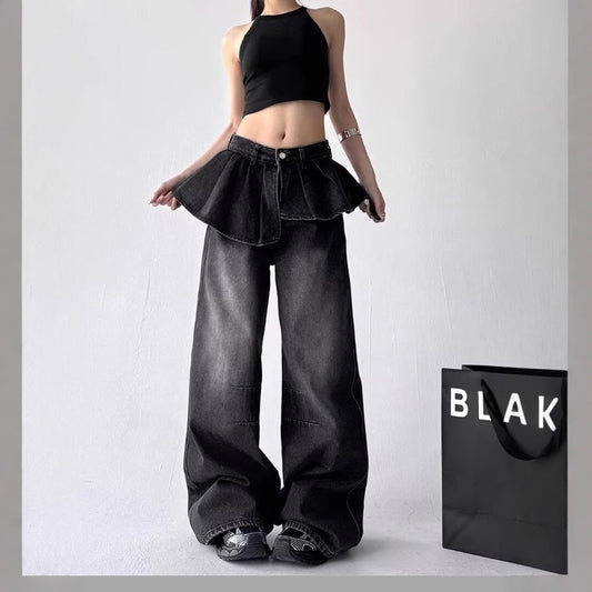 Women's jeans retro fake two-piece jeans for women