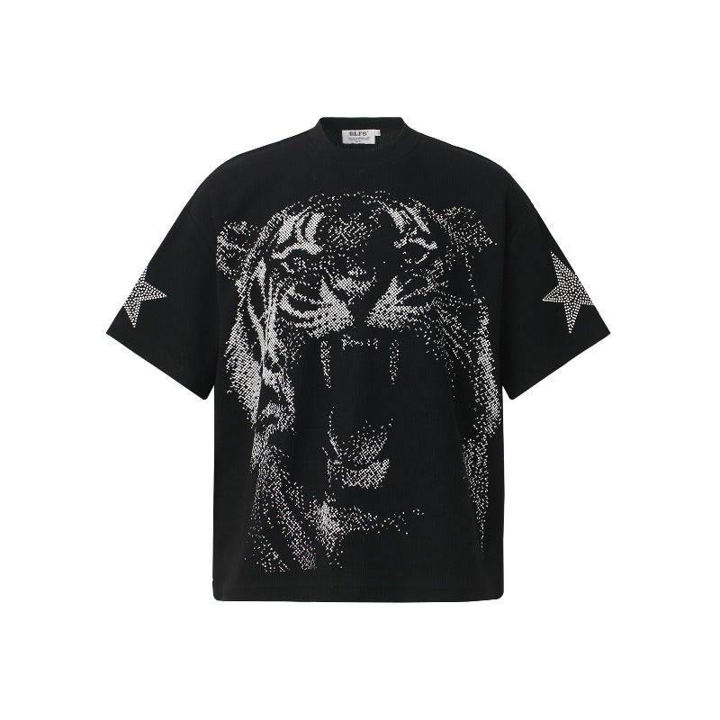 Men t shirt t american retrocouple street trendy graffiti tiger head short sleeve design high street men's loose waffle grids t-shirt