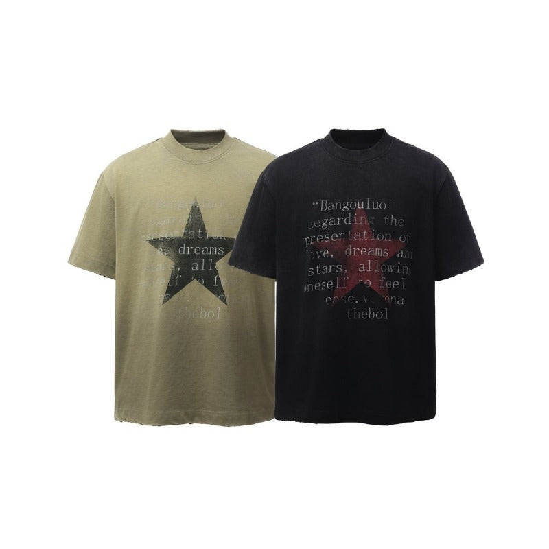 Men's t-shirt - american retro heavyweight double yarn distressed print design, men's high street oversized short sleeve tee
