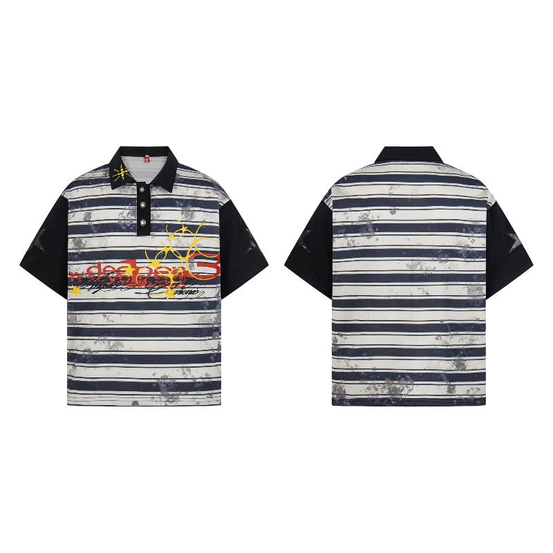 Men's t-shirt: american retro double yarn unisex striped color block turn-down collar design, high street loose fit short sleeve tee