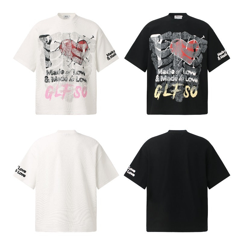 Men t shirt t american retrocouple street trendy waffle grids fun graffiti design high street men's loose small round neck t-shirt