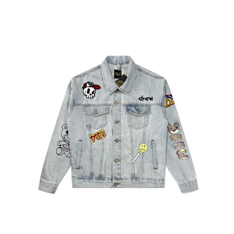 Drew house jacket - early autumn d@ew multi-element patchwork smiley face embroidered badge denim jacket