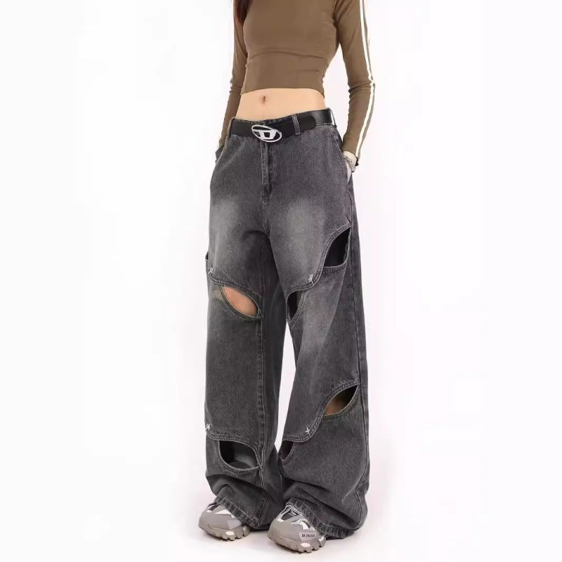 Women's Jeans Retro Ripped Wide Leg Pants Women