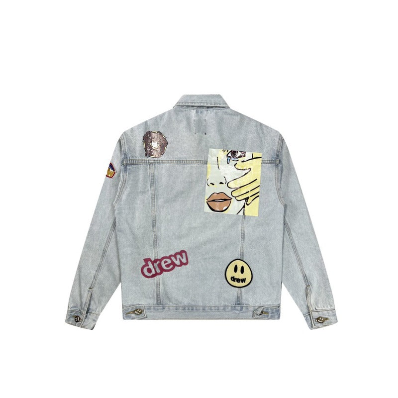 Drew house jacket - early autumn d@ew multi-element patchwork smiley face embroidered badge denim jacket