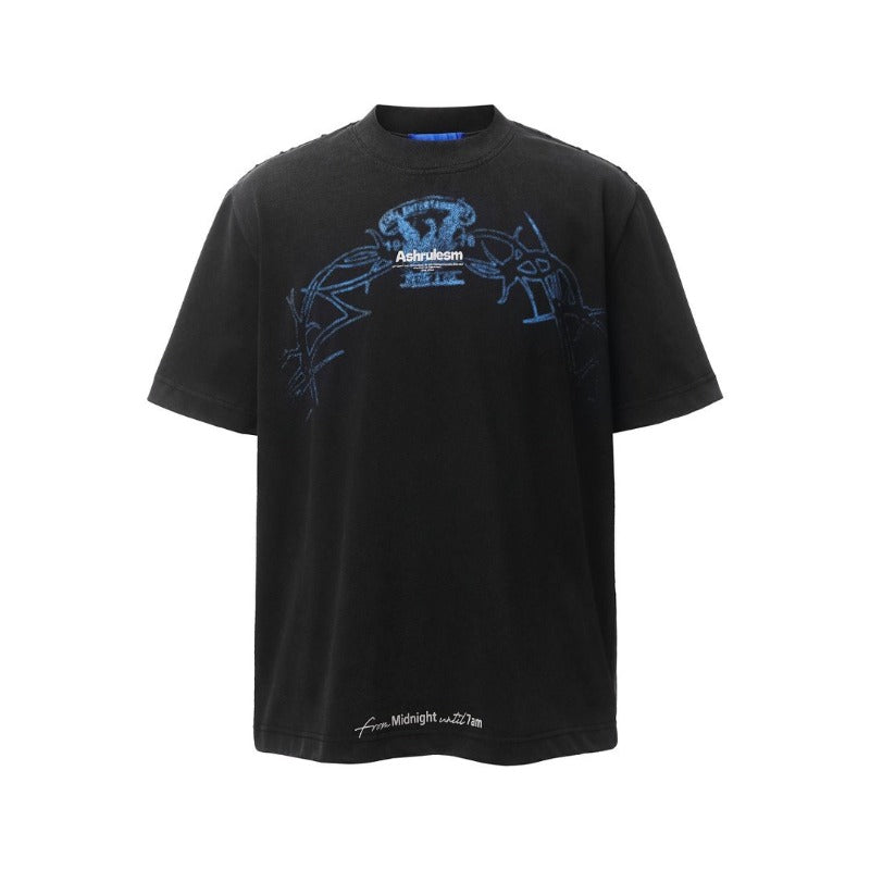 Men's t-shirt - american retro heavyweight double yarn distressed creative print design - men's high street loose fit short sleeve tee