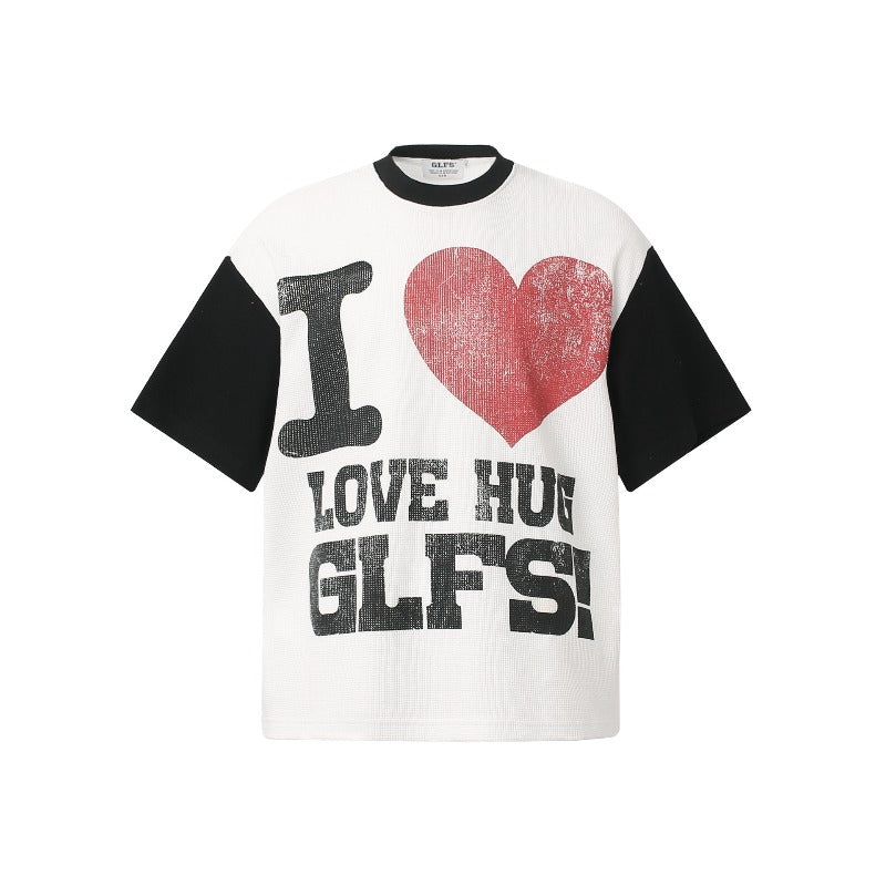 Men t shirt t american retrocouple street trendy waffle grid heart printing design high street men's loose small round neck t-shirt