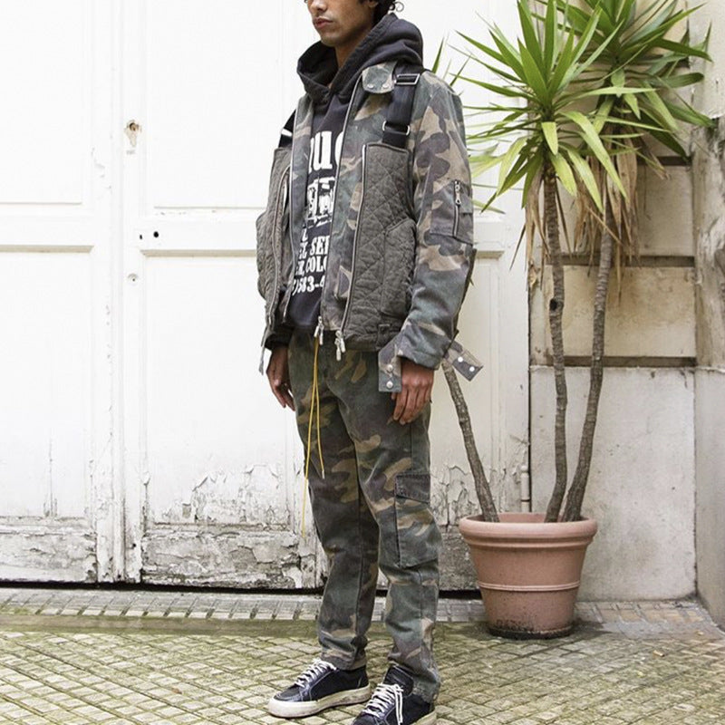 MIJKO Mens Vintage Pants Multi-pocket-breasted camouflage slacks