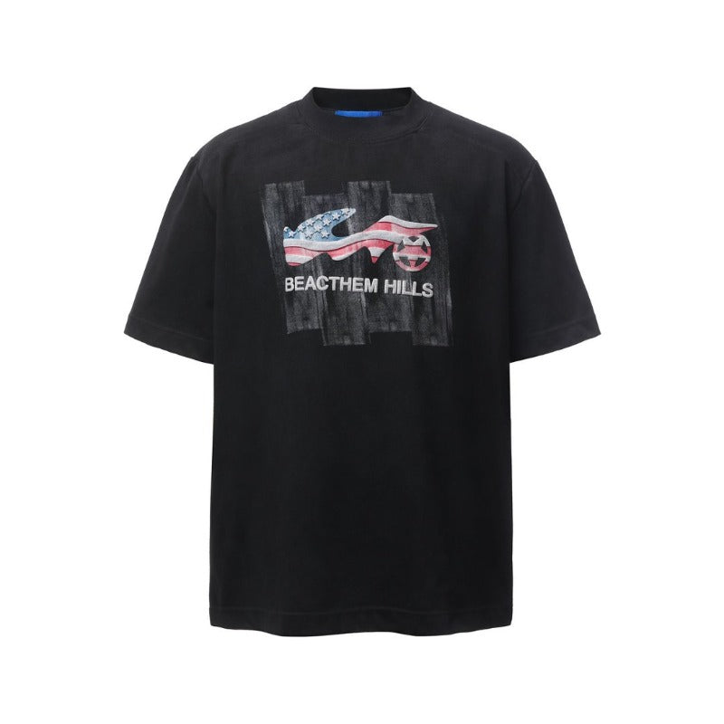 Men's t-shirt - american retro heavyweight double yarn high-quality high street distressed print graphic tee - relaxed fit short sleeve