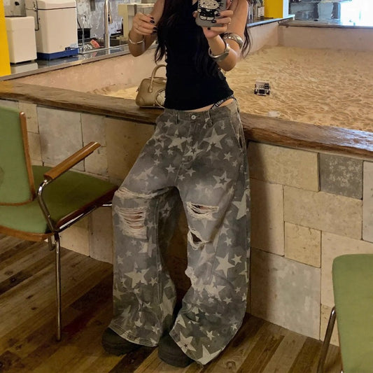 Women jeans retro ripped women loose