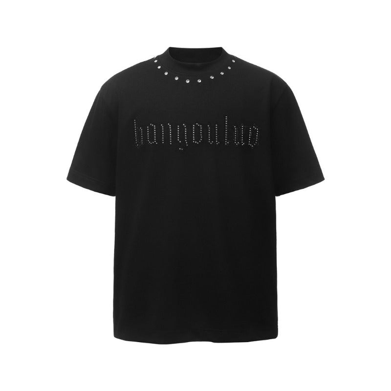 Men's t-shirt: american retro heavyweight double yarn letter hotfix round neck design, men's high street loose fit short sleeve tee