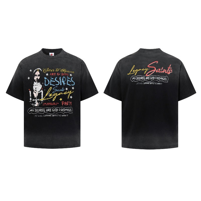 Men's t-shirt - american retro unisex style, washed and distressed print design, crew neck, men's high street slim fit short sleeve tee
