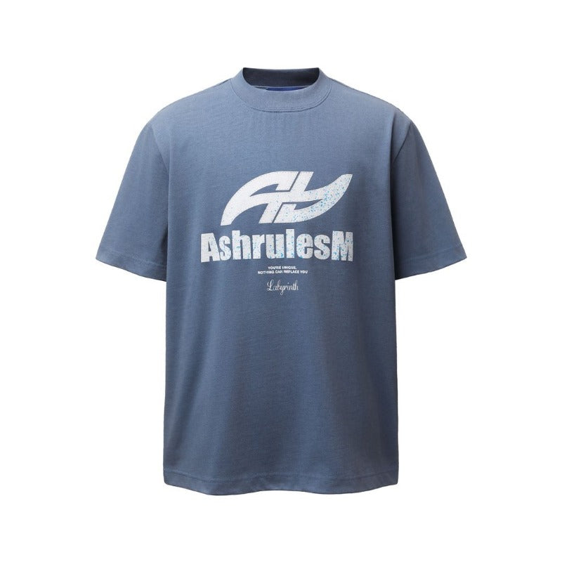 Men's t-shirt - american retro heavyweight double yarn distressed letter print design - men's high street oversized short sleeve tee