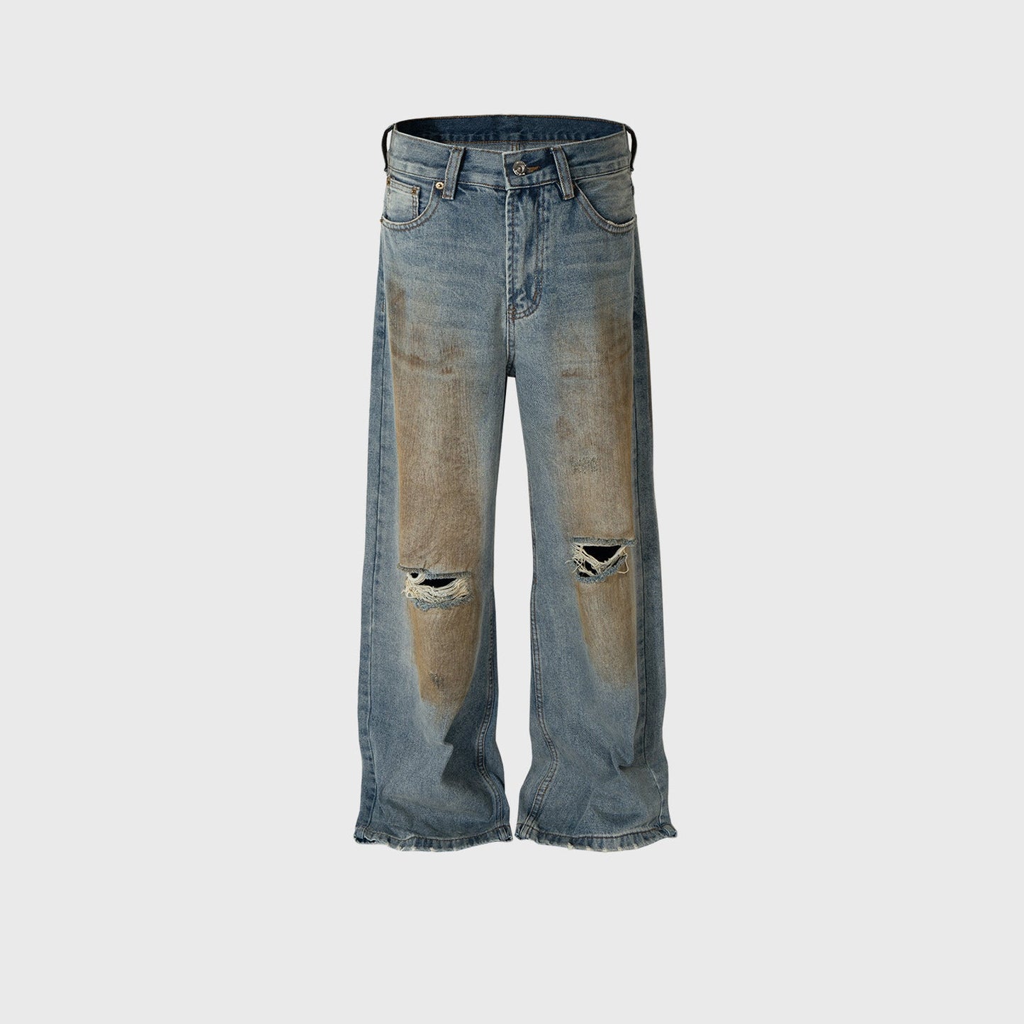 MIJKO Mens Vintage Pants Ripped Straight Old Jeans