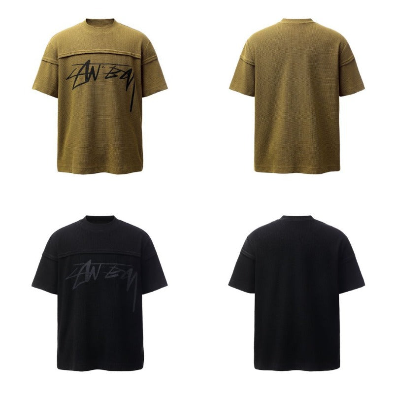 Men's t-shirt: american retro heavyweight waffle knit letter print deconstructed design, high street oversized short sleeve tee