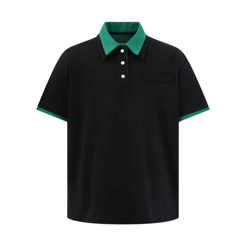 Men's t-shirt: american-style unisex summer streetwear, premium minimalist color block design, relaxed fit, men's turn-down collar short sleeve tee