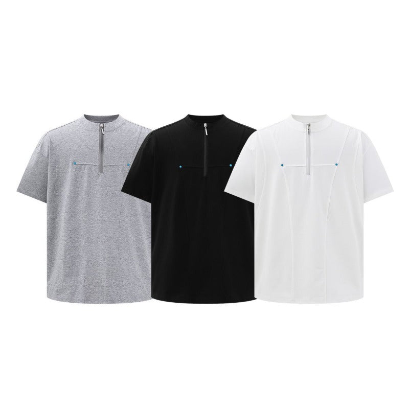 Men's t-shirt - american style, unisex, summer streetwear, high-end, deconstructed zipper design, relaxed fit, crew neck short sleeve tee