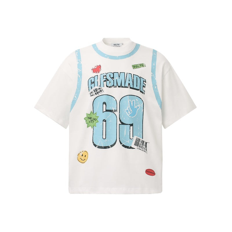 Men's jt american retro couple street style color block cartoon print design short sleeve loose fit crew neck t-shirt