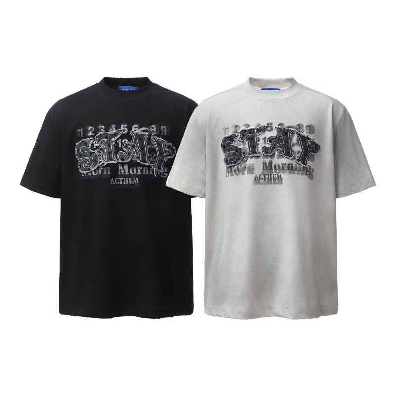 Men's t-shirt: american retro heavyweight double yarn high-quality spray-dyed appliqué embroidery design, men's loose-fit short-sleeve t-shirt