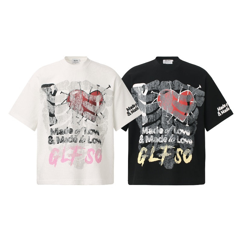 Men t shirt t american retrocouple street trendy waffle grids fun graffiti design high street men's loose small round neck t-shirt