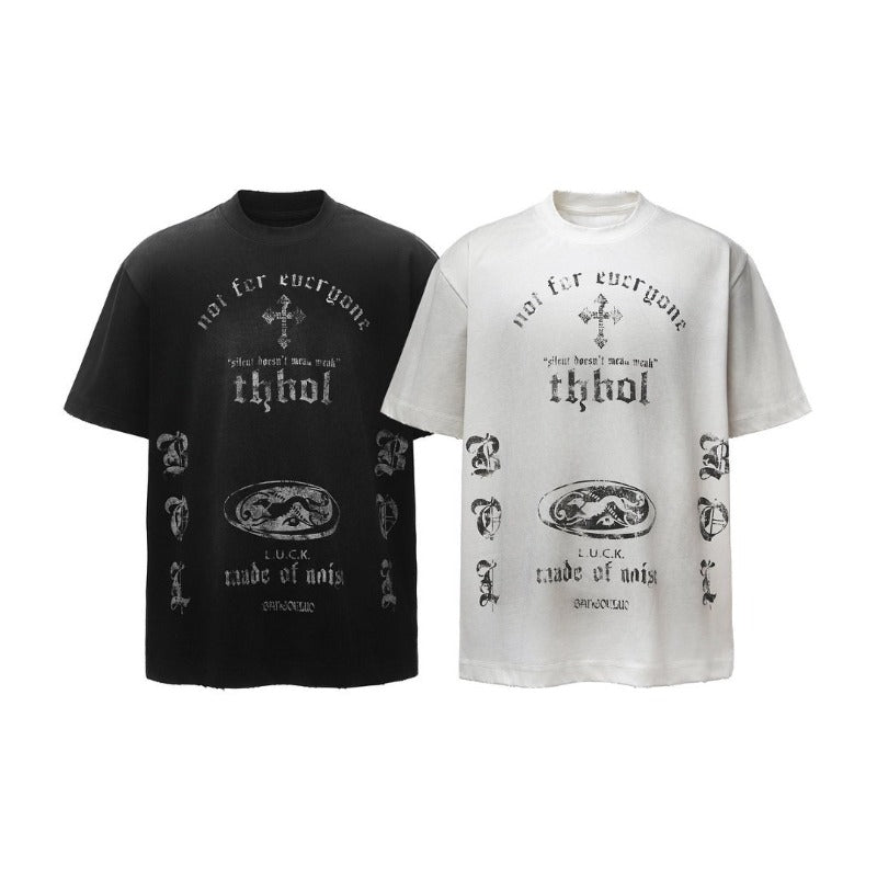 Men's t-shirt - american retro heavyweight double yarn washed & distressed print design - men's high street oversized short sleeve tee