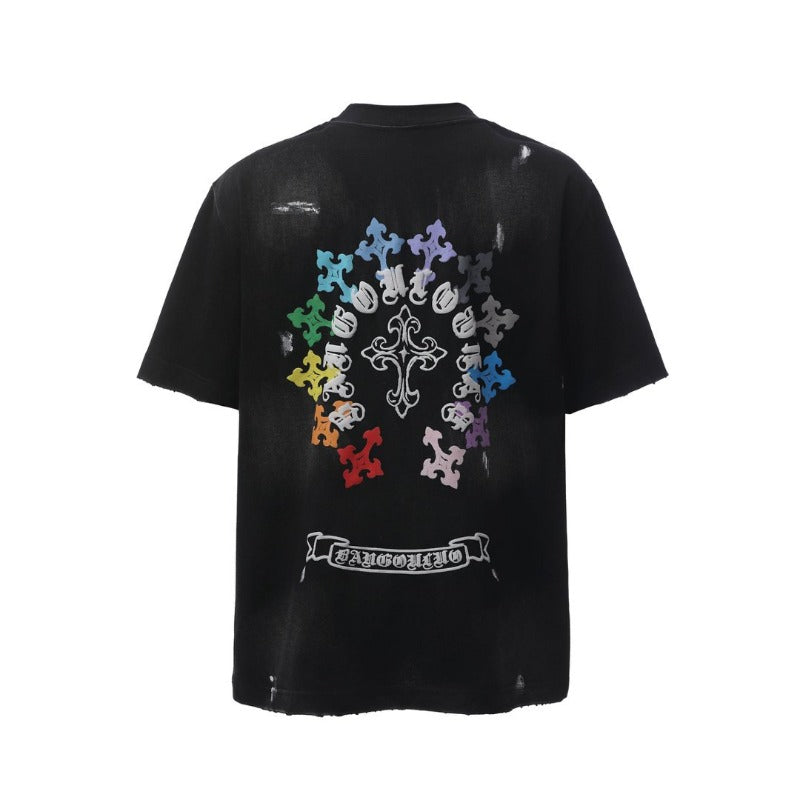 Men's t-shirt: american retro heavyweight double yarn garment-dyed crew neck logo design, high street style, relaxed fit short sleeve tee
