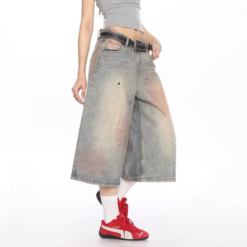 Women's jeans women's summer loose semi-elastic waist cropped shorts