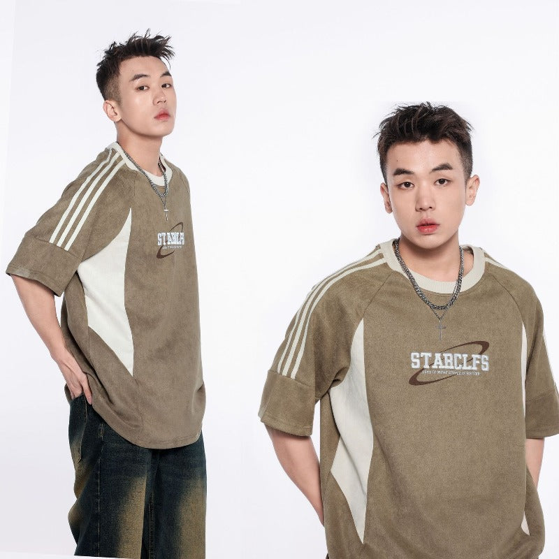 Men's jt american streetwear summer suede letter embroidery premium design loose fit short sleeve t-shirt