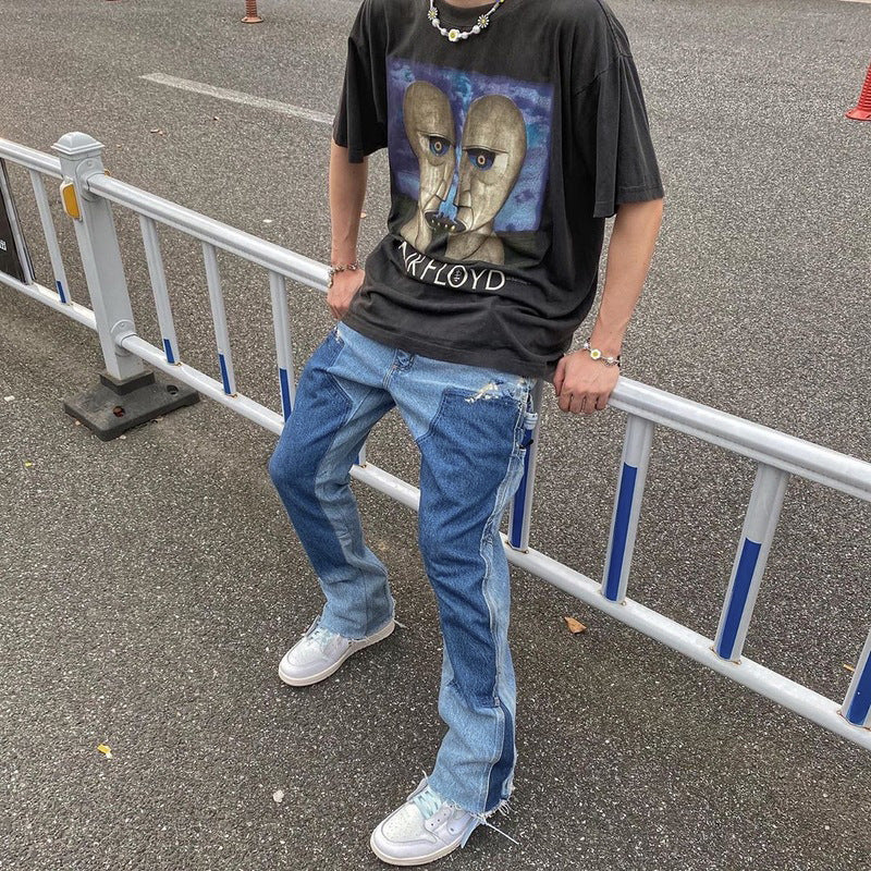 MIJKO Mens Vintage Pants Patch Beggar Jeans