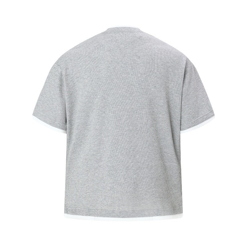 Men's t-shirt - american retro streetwear, unisex solid color waffle knit faux two-piece design, high street oversized short sleeve tee