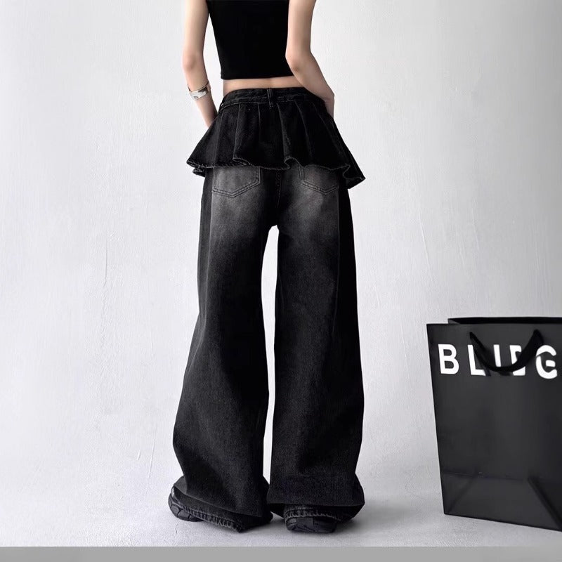 Women's jeans retro fake two-piece jeans for women