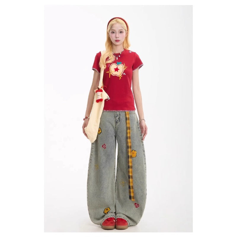 Women jeans grids pattern belt women loose
