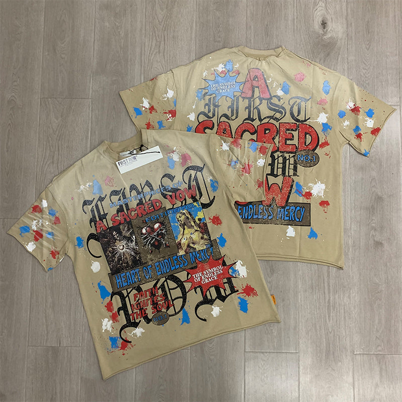 First Row T Shirts A Sacred Vow Masterpiece Art Tee European and American trendy brand hot diamond washing water old pure cotton