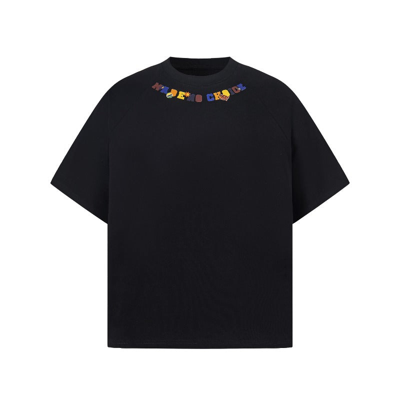 Men t shirt american retrog double yarn neutral style towel embroidered half sleeve design men's high street loose short sleeve t-shirt